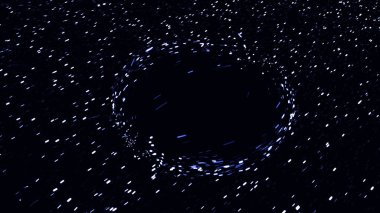 Dış uzaydaki yıldızların soyut hızlı uçuşu kara solucan deliğinden geçiyor, kusursuz bir döngü. Animasyon. Kara zemin üzerinde bir kara delik ve Samanyolu ile kozmik arkaplan.
