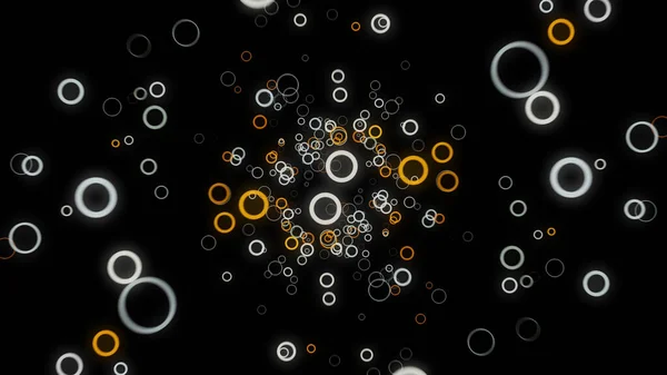 Abstrakte schöne zufällige Fluss von farbigen runden Formen auf schwarzem Hintergrund, 3D-Effekt. Animation. viele kleine Ringe, die sich in Richtung Kamera bewegen. — Stockfoto