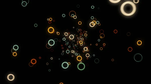 Abstrakte schöne zufällige Fluss von farbigen runden Formen auf schwarzem Hintergrund, 3D-Effekt. Animation. viele kleine Ringe, die sich in Richtung Kamera bewegen. — Stockfoto