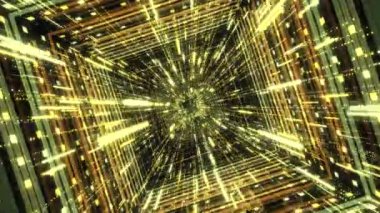 Birçok kare karenin oluşturduğu soyut saykodelik tünel karanlıkta dönüyor ve uçuyor, animasyon. 3D inanılmaz grafik hareketi.