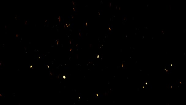 Abstrait feu volant étincelles dans l'air sur fond noir. Animation. Brûlant rouge étincelles chaudes monter dans le ciel nocturne .