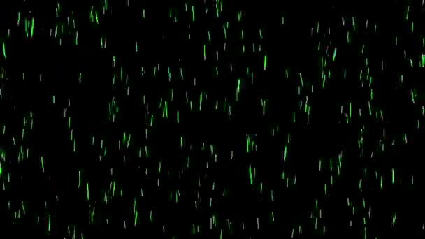 Schnell fallender abstrakter Schnee von grüner Farbe isoliert auf schwarzem Hintergrund, Bewegungsgrafik-Konzept. Animation. Kleine fliegende Schneefallpartikel. — Stockvideo