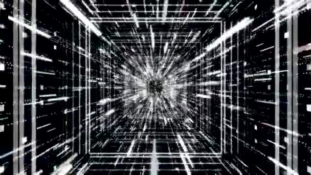 하이퍼 스페이스는 별, 시간, 우주 터널을 통해 빠르게 흘러 갑니다. 바다 가없는 고리죠. 애니메이션. 추상적으로 3 차원 미래의 터널을 지나고 밝은 입자들을 흐르는 모노크롬. — 비디오