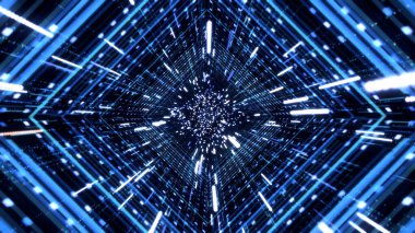 Moving through the abstract blue neon outer space tunnel, seamless loop. Animation. 3D flight inside time machine with the speed of light and stars.