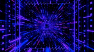 Güzel soyut mor kare tünel, ışık çizgileri siyah arka planda hızlı ilerliyor, pürüzsüz döngü. Animasyon. Doğruca başka bir evrene atlama noktasına gel..