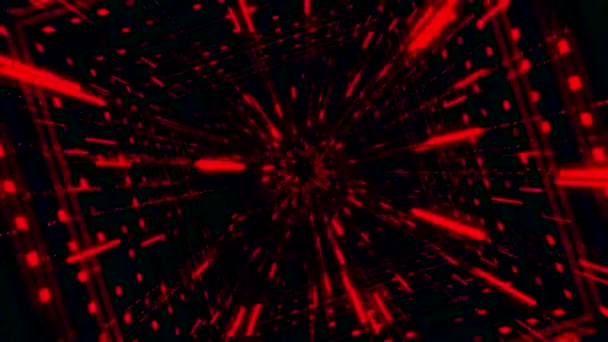 黒の背景、シームレスなループ上で高速移動光線と美しい抽象的な赤の正方形のトンネル。アニメーション。別の宇宙に飛び込む地点にまっすぐ移動します. — ストック動画