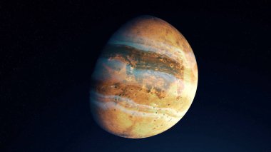 Abstract breathtaking cosmic landscape with giant Jupiter planet hidden partly in the shadow. Animation. Solar system and Jupiter rotating among stars.