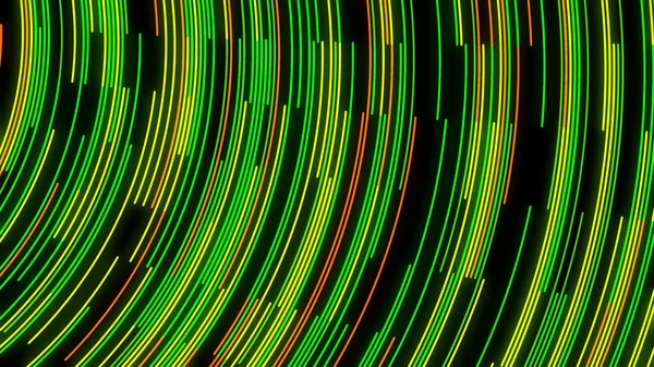 Zielony neonowy strumień o kreatywnej strukturze w paski. Animacja. Abstrakcyjne zginanie wąskich linii neonowych płynących na czarnym tle, bezszwowa pętla. — Zdjęcie stockowe