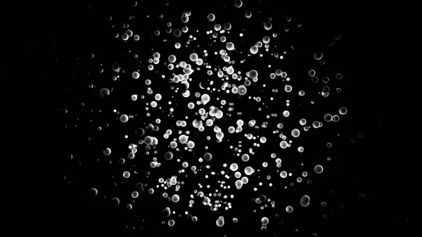 Abstrakte monochrome Wolke, die auf schwarzem Hintergrund schwankt, umgeben von kleineren Partikeln, nahtlose Schleife. Animation. Silberne kleine Kugeln und Weltraumstaub in Bewegung. — Stockfoto