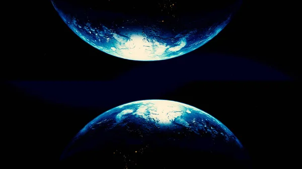 Abstract breathtaking cosmic background with the two halves of planet Earth, seamless loop. Animation. Realistic world globe spinning slowly in outer space. — 스톡 사진