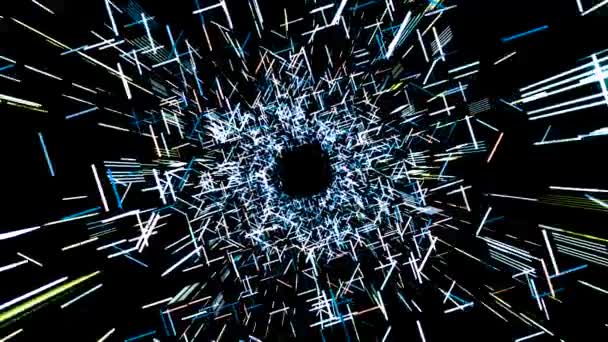 Tunnel futuriste de lignes brisées. Animation. Beau cyber tunnel de lignes géométriques et de traits sur fond noir. Tunnel abstrait à partir de mouvements brisés de la matrice 