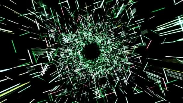 Tunnel futuriste de lignes brisées. Animation. Beau cyber tunnel de lignes géométriques et de traits sur fond noir. Tunnel abstrait à partir de mouvements brisés de la matrice 