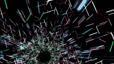 Hareket eden üç boyutlu tünel. Animasyon. Kırık çizgiler ve siyah arka planda hareket eden vuruşlardan oluşan güzel siber tünelin bir parçası. Siber tünel oluşturan satırların ayrıntıları