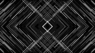 Parazitli siyah beyaz ışık deseni. Animasyon. Kavşakta hareket eden çizgilerin gürültüyle kesildiği üçgen ayna deseni