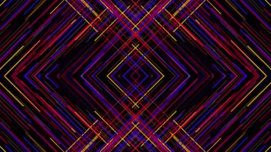 Parazitli üçgen çizgiler. Animasyon. Siyah arkaplanda kesişen renk çizgilerinin hipnotik ayna deseni