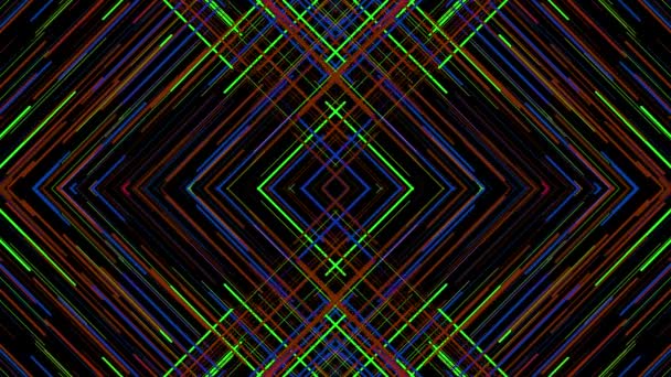 Modèle triangulaire de lignes avec interférence. Animation. Modèle de miroir hypnotique de lignes de couleurs croisées avec interférence sur fond noir — Video