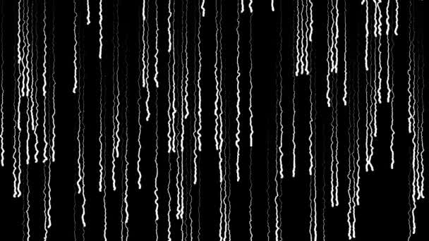 Abstracte regen op zwarte achtergrond. Animatie. Prachtige golvende lijnen met stroompjes naar beneden op zwarte achtergrond. Achtergrond van verticaal bewegende golvende lijnen zoals regen — Stockvideo