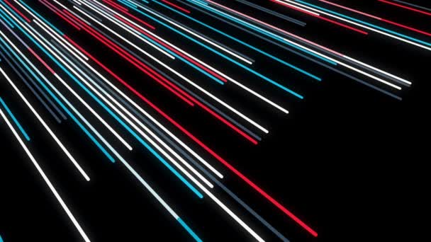 Flux de lignes colorées se déplaçant en diagonale sur fond noir. Animation. Des lignes lumineuses se déplacent en diagonale sur fond noir 