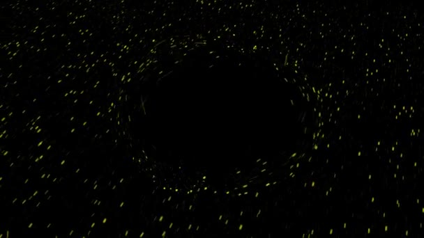 Colored particles move on black background around circle. Animation. Hypnotic effect of transparent obstacle in path of moving particles on black background — Stock Video