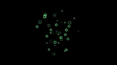 Renkli kareler sıçrayıp siyah arkaplana yayılıyor. Animasyon. Kare çerçeveler aykırı olarak görünür ve siyah arkaplana yayılır