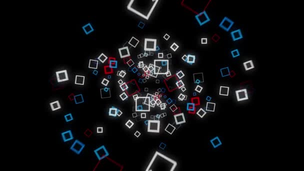 Футуристичний фон з кубиками на чорному тлі. Анімація. Неонові квадратні кадри, розкидані з ефектом гіпнотичної матриці на чорному тлі — стокове відео