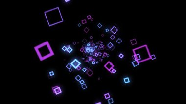 Siyah arkaplanda neon karelerin siber akışı. Animasyon. Renkli neon kareler siyah arkaplanda hipnotize edici bir şekilde titreşir.