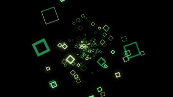 Kiberpatak neon négyzetek fekete háttér. Animáció. Színes neon négyzetek rezegnek hipnotikusan a patak fekete háttér — Stock videók