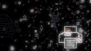 Siyah arkaplanda bir sürü neon simgesi var. Animasyon. Siyah zemin üzerinde uçan farklı temalar üzerinde güzel parlak neon simgeleri akışı