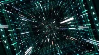 Neon çizgili siber kare tünel. Animasyon. Neon çizgileri ve parlak çizgilerle siber uzaya dalmanın hipnotik etkisi.