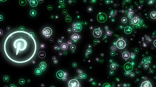 Lot of icons with mobile apps on black background. Animation. Neon icons with mobile app icons glow in stream on black background — Stock Video