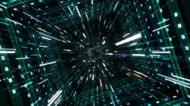 Cyber tunnel carré avec des rayures néon. Animation. Effet hypnotique de la plongée dans le cyberespace à travers un tunnel avec des rayures néon et un flux de lignes brillantes 