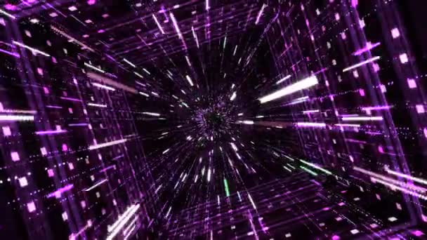 Cyber tunnel carré avec des rayures néon. Animation. Effet hypnotique de la plongée dans le cyberespace à travers un tunnel avec des rayures néon et un flux de lignes brillantes 