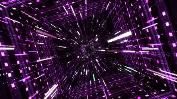 Cyber square tunnel with neon stripes. Animation. Hypnotic effect of diving into cyber space through tunnel with neon stripes and stream of shining lines — Stock Video