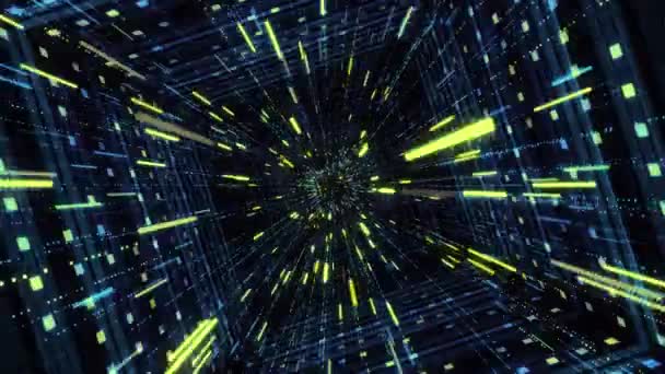 Cyberkwadratowy tunel z neonowymi paskami. Animacja. Hipnotyczny efekt nurkowania w cyberprzestrzeni poprzez tunel z neonowymi paskami i strumieniem błyszczących linii — Wideo stockowe