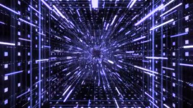 Tünelde parlak çizgili yıldız akıntısı. Animasyon. Üç boyutlu neon hatlı siber tünel akışı. Parlayan neon çizgileri ve parçacıklardan oluşan güzel uzay tüneli