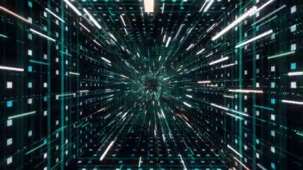 Túnel luminoso futurista con corriente de líneas. Animación. Hermosa inmersión en el espacio cibernético del túnel cuadrado con líneas de neón a través de la corriente de rayas brillantes — Vídeos de Stock