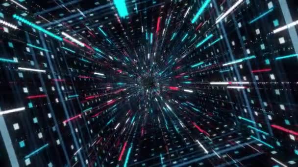 Virtuele neon tunnel met gloeiende strepen. Animatie. 3D onderdompeling in cyberspace van vierkante tunnel met een stroom van stralende neon strepen — Stockvideo