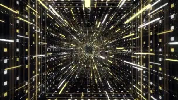 Ruisseau étoilé avec des rayures brillantes dans le tunnel. Animation. Cyber espace de tunnel avec flux 3D immersif de lignes néon. Beau tunnel spatial de lignes et de particules lumineuses au néon 