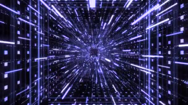 Ruisseau étoilé avec des rayures brillantes dans le tunnel. Animation. Cyber espace de tunnel avec flux 3D immersif de lignes néon. Beau tunnel spatial de lignes et de particules lumineuses au néon 