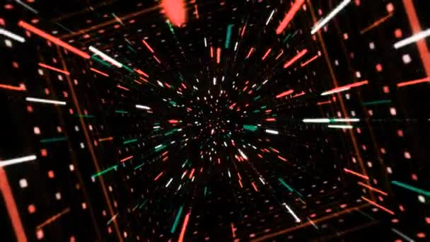 Неоновый туннель с разноцветным потоком сияющих частиц. Анимация. Квадратный тоннель киберпространства с 3D неоновыми полосами и красочными частицами на черном фоне — стоковое видео