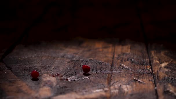 Спелые свежие клюквы падают на темный деревянный деревенский стол. Запись. Закрытие деревянной поверхности и падающие красные ягоды . — стоковое видео