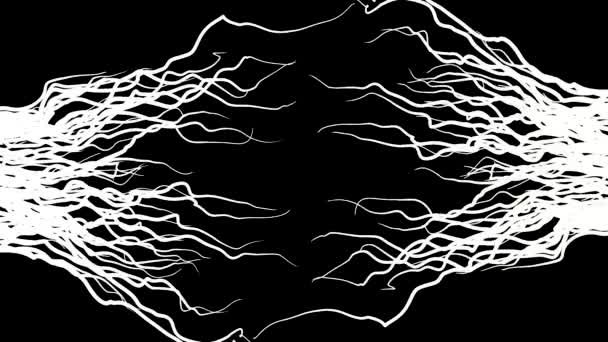 Abstracte gebogen lijnen van witte kleur bewegen langzaam op zwarte achtergrond, concept van het verspreiden van ziekte en de dood. Animatie. Abstracte monochroom progressieve kanker ziekte. — Stockvideo