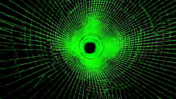 Flying through digital plexus tunnel of green color on black background, seamless loop. Animation. 3D flight through matrix tunnel. — Stock Video