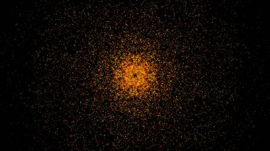 Turuncu ve kırmızı dairelerin soyut ve rahatlatıcı arka planı uçuşuyor ve siyah arkaplanda bir girdap oluşturuyor. Animasyon. Uzay tozuna benzeyen ışıldayan parçacıklar, kusursuz döngü.