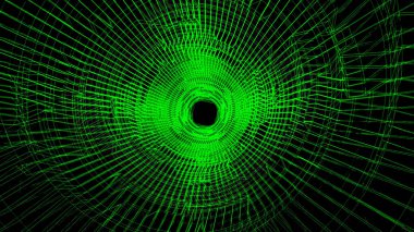 Siyah arka planda yeşil renkli dijital pleksus tünelinde uçmak, kusursuz döngü. Animasyon. Matris tünelinde 3d uçuş.
