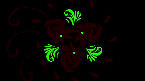 Modèle floral vert ornemental abstrait apparaissant sur fond noir. Animation. Éléments décoratifs vintage avec fleurs et pétales verts .
