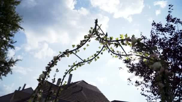 Vista in basso dell'arco di nozze decorato con fiori di rosa con cielo nuvoloso blu sullo sfondo, matrimonio e concetto di luna di miele. Azione. Celebrazione della vacanza all'aria aperta . — Video Stock