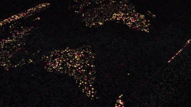 Abstract animation of world map in digital screen formed by tiny figures. Animation. Digital screen with continents flowing slowly on black background, seamless loop.