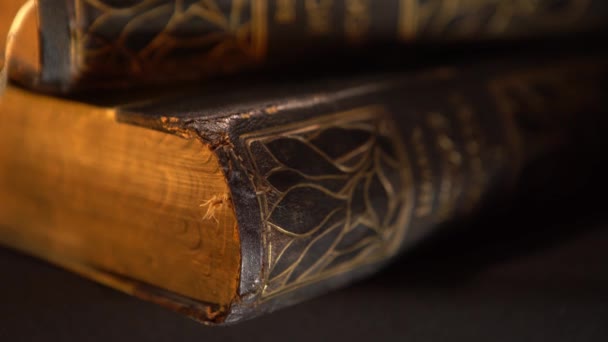 Vintage books with dark leather binding and patterns on isolated background. Stock footage. Old book with simple gilded patterns on cover — Stock Video