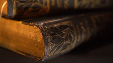 Koyu deri kaplamalı ve izole edilmiş arka planda desenleri olan klasik kitaplar. Stok görüntüleri. Kapağında yaldızlı desenler olan eski bir kitap.